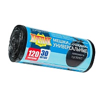 Мешки для мусора 120 л, с ушками, черные, в рулоне 30 шт., ПНД, 15 мкм, 1100х700 мм, Крепак, 4607075710375 в Хабаровске